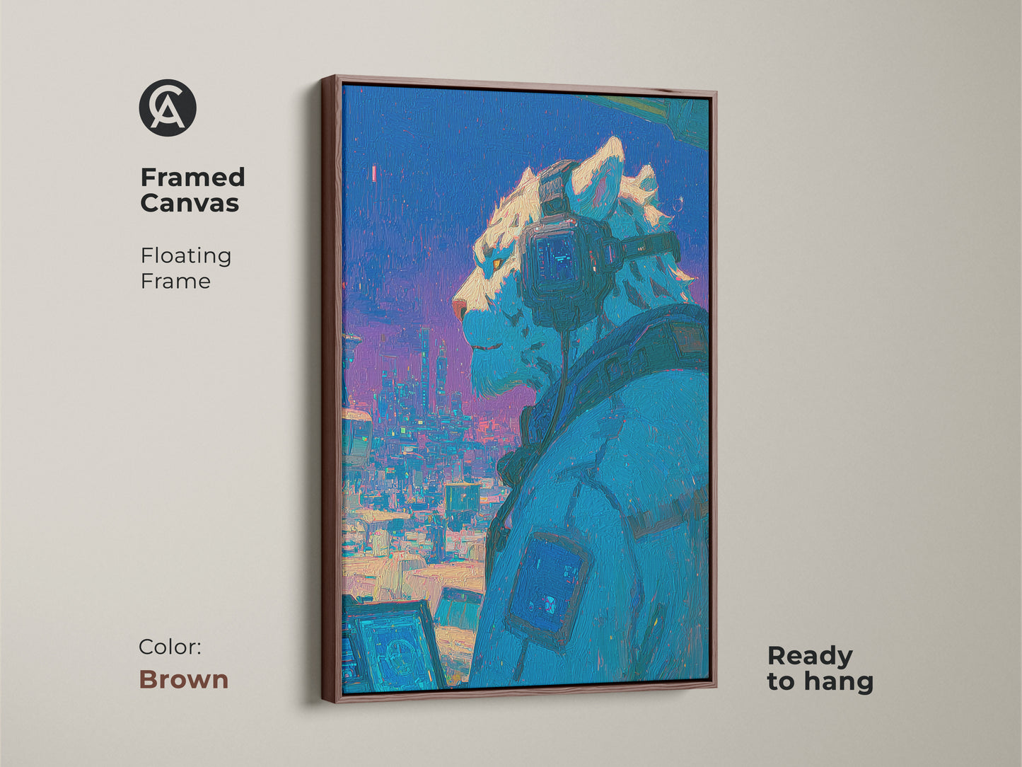 Elevate your interior with this framed canvas artwork. The floating frame adds a touch of sophistication. It features a cyberpunk snow leopard wearing headphones gazing over a vibrant cityscape. The brown frame enhances the vibrant colors. Ready to hang.