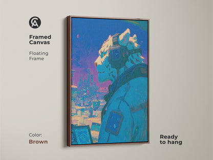 Elevate your interior with this framed canvas artwork. The floating frame adds a touch of sophistication. It features a cyberpunk snow leopard wearing headphones gazing over a vibrant cityscape. The brown frame enhances the vibrant colors. Ready to hang.