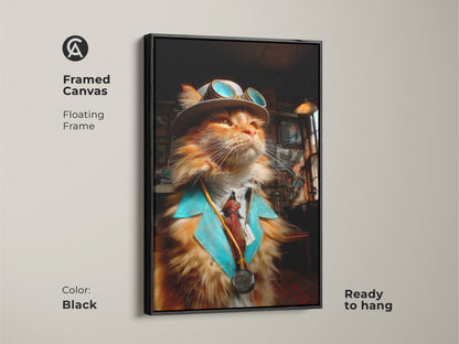 Framed canvas of a steampunk cat doctor. The artwork features a floating black frame. This unique art piece is ready to hang. It offers a modern touch. This will enhance your home decor.