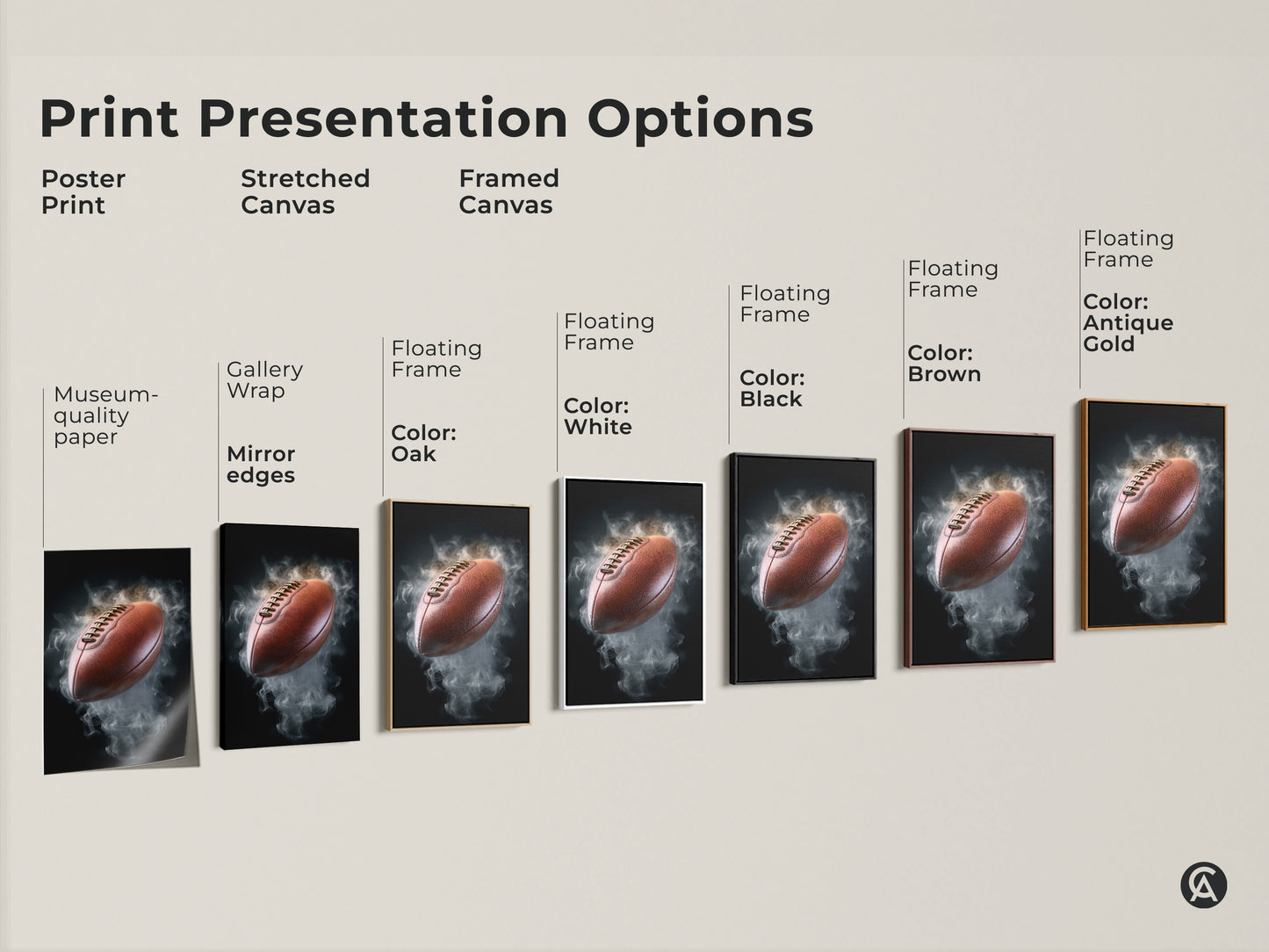 Print presentation options for the football smoke canvas art. Choose between poster print stretched canvas or framed canvas. Each offers a unique aesthetic for your man cave or office artwork.
