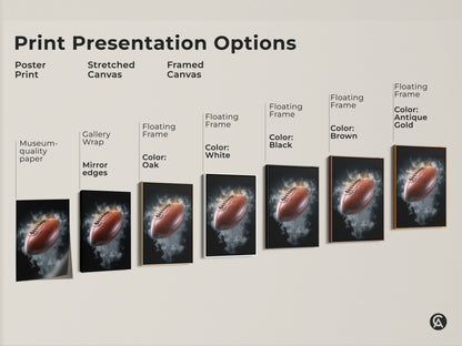 Print presentation options for the football smoke canvas art. Choose between poster print stretched canvas or framed canvas. Each offers a unique aesthetic for your man cave or office artwork.