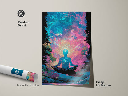 Poster print of a meditative figure against a cosmic backdrop. Easy to frame wall art. Rolled in a tube for protection. This art adds a spiritual touch to your decor. Perfect for creating a zen atmosphere. A beautiful and affordable way to decorate your space.