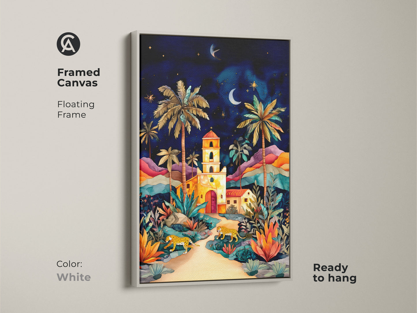 Framed canvas art with a white floating frame ready to hang. This wall art features a vibrant night sky with cheetahs and palm trees. The colorful landscape adds a bohemian touch to your home decor. Perfect as a housewarming gift. Ideal for adding an exotic and natural element to your living space.