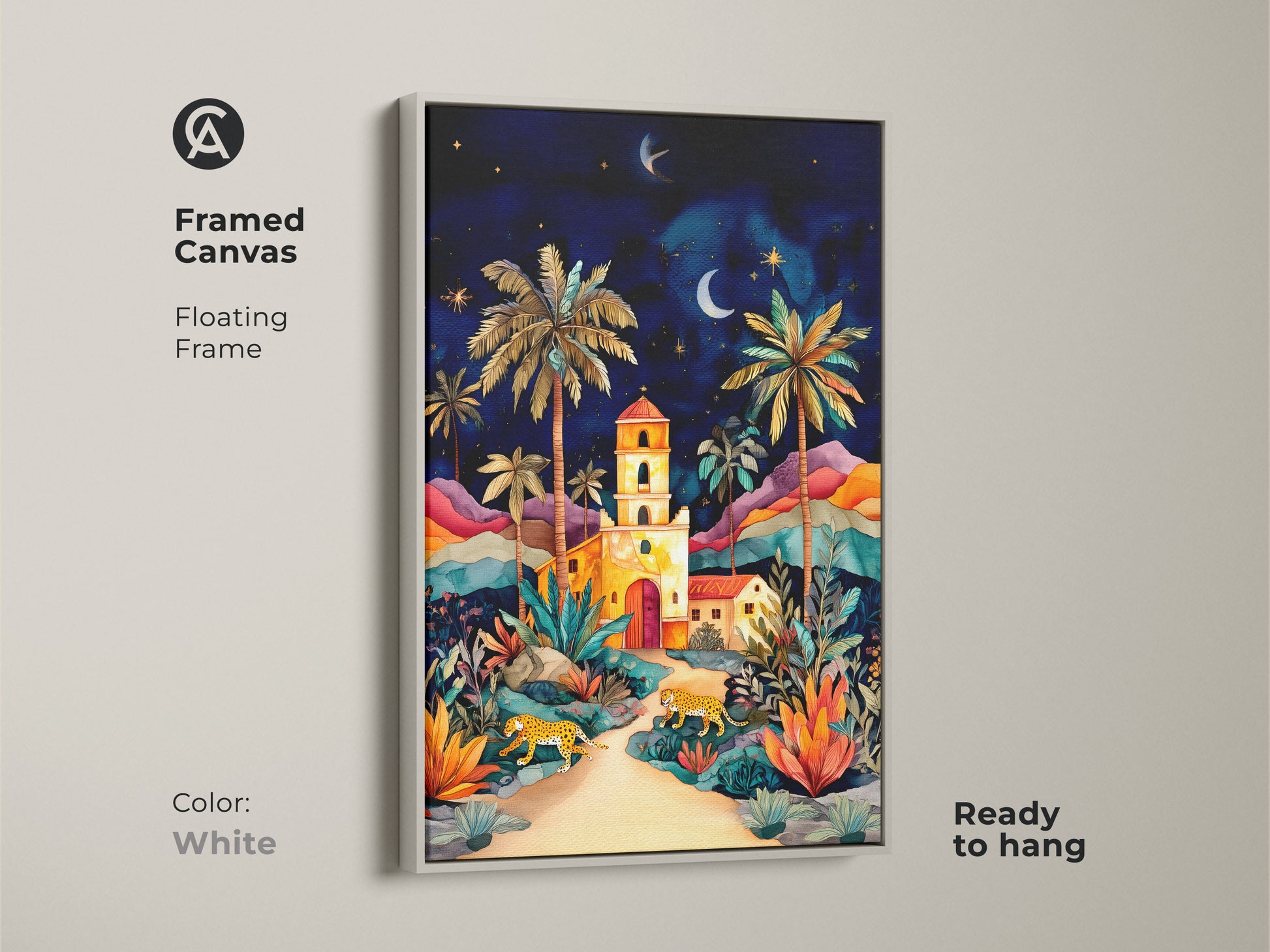 Framed canvas art with a white floating frame ready to hang. This wall art features a vibrant night sky with cheetahs and palm trees. The colorful landscape adds a bohemian touch to your home decor. Perfect as a housewarming gift. Ideal for adding an exotic and natural element to your living space.