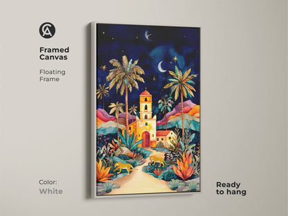 Framed canvas art with a white floating frame ready to hang. This wall art features a vibrant night sky with cheetahs and palm trees. The colorful landscape adds a bohemian touch to your home decor. Perfect as a housewarming gift. Ideal for adding an exotic and natural element to your living space.