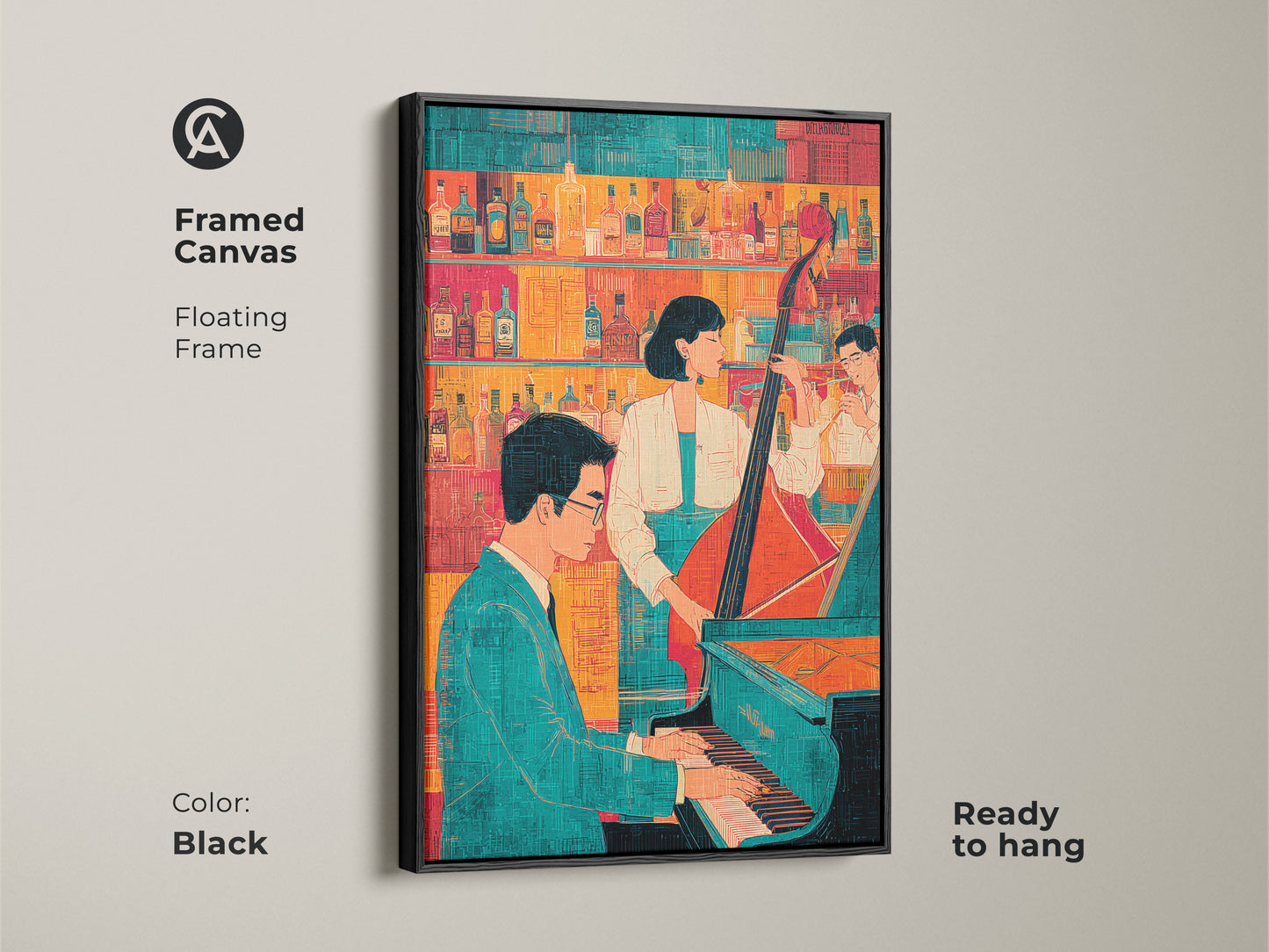 Framed canvas with a floating frame in black showcasing a jazz band. Ready to hang this bar scene canvas adds sophistication. Ideal for home bar artwork and jazz club wall art. A perfect birthday gift.