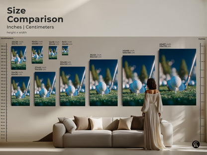 Size comparison of golf ball art prints in a living room setting. See how different sizes of art look above a couch. This helps you choose the right size for your room. Get your golf art today and enhance your decor.