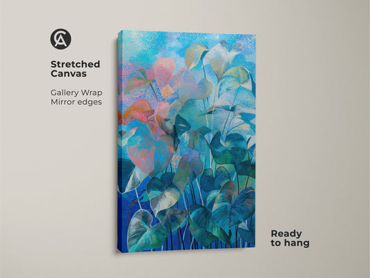 Framed canvas print featuring abstract botanical art. The black floating frame adds a touch of sophistication. This ready-to-hang artwork brings modern boho charm to living rooms and bedrooms.