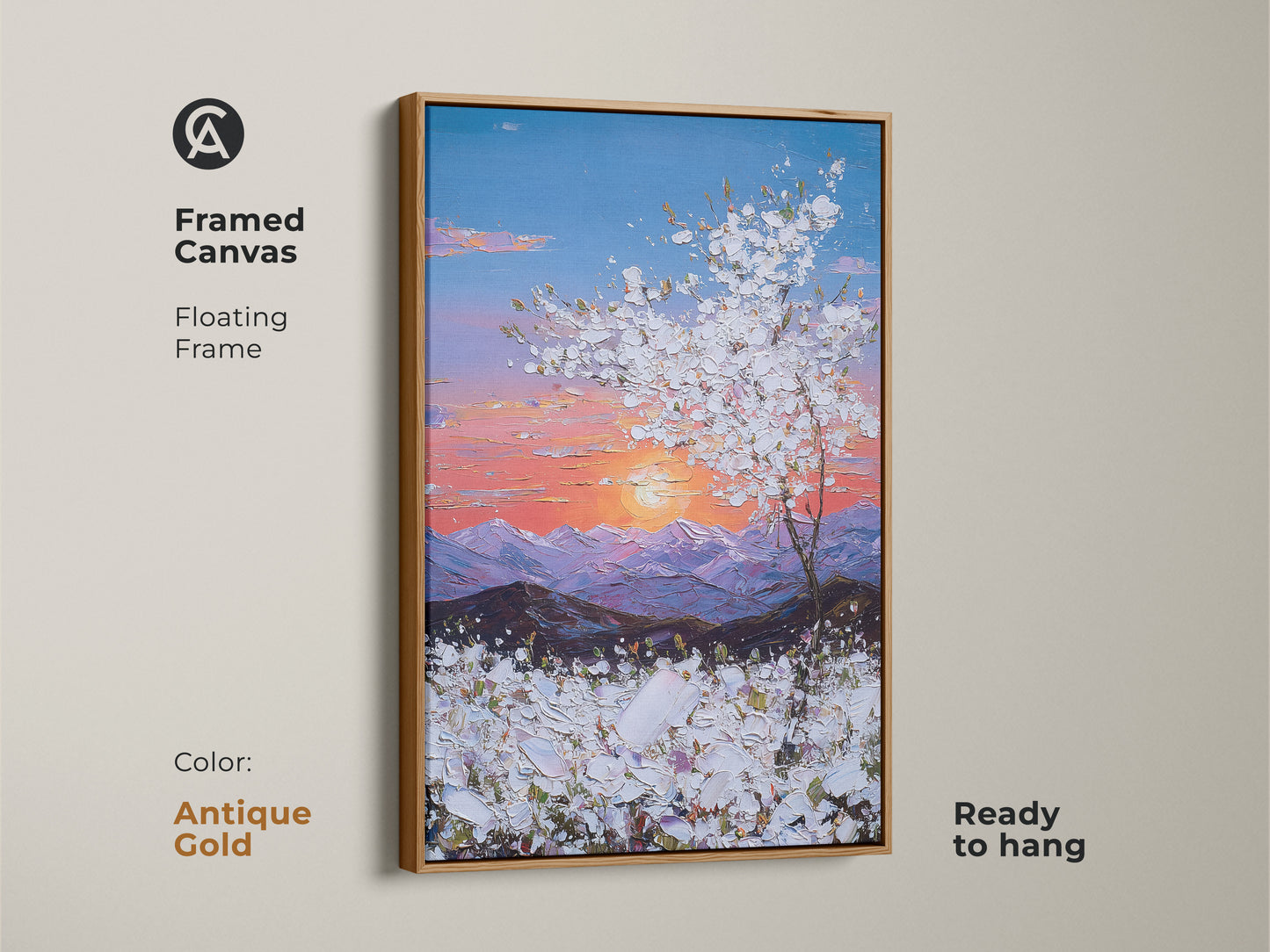Framed canvas with an antique gold floating frame features a sunset landscape. The textured impressionist artwork adds elegance. This floral field wall decor is ready to hang.