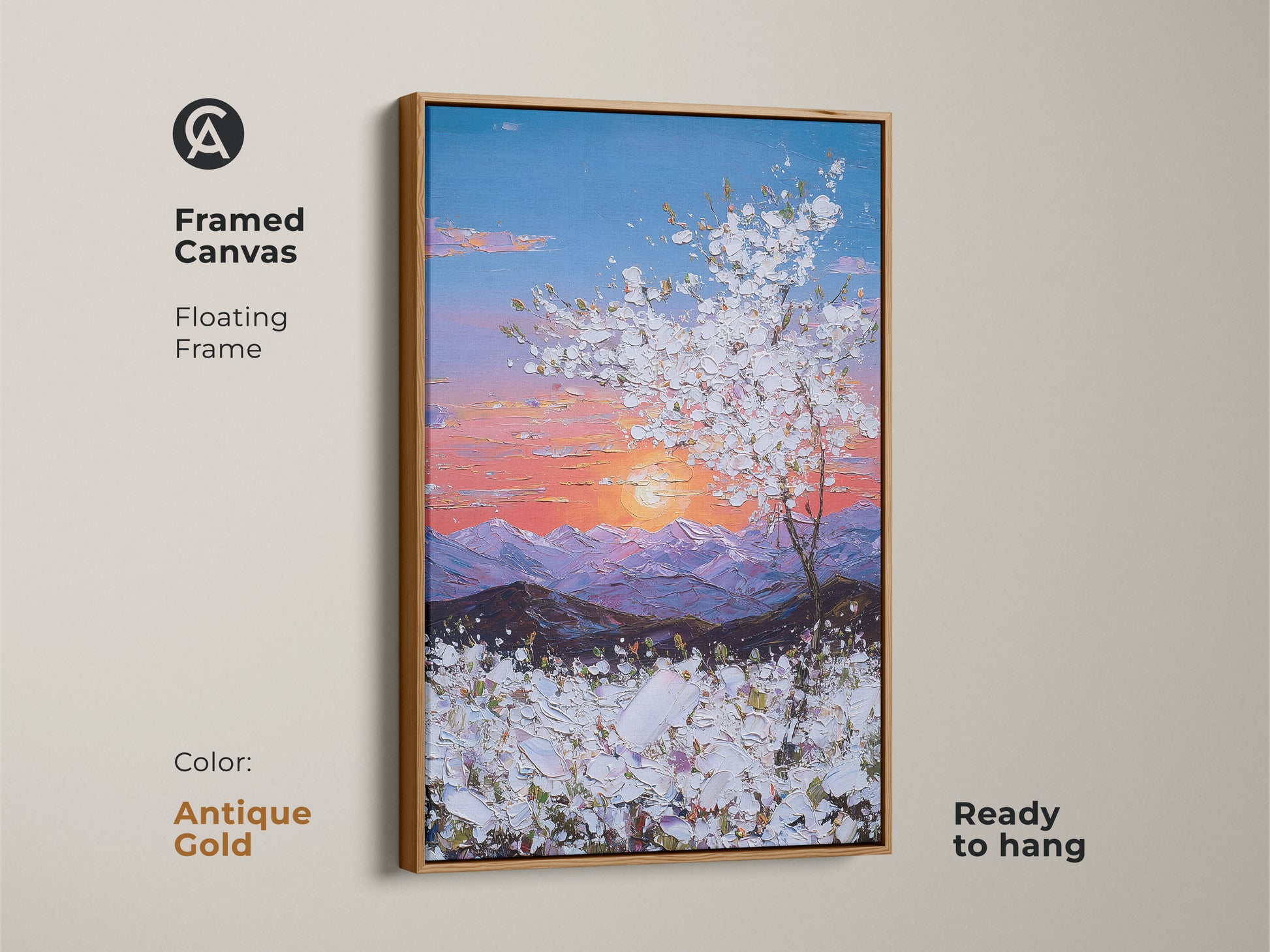 Framed canvas with an antique gold floating frame features a sunset landscape. The textured impressionist artwork adds elegance. This floral field wall decor is ready to hang.
