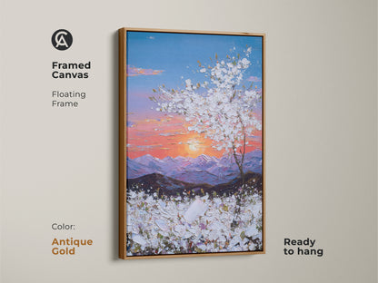 Framed canvas with an antique gold floating frame features a sunset landscape. The textured impressionist artwork adds elegance. This floral field wall decor is ready to hang.