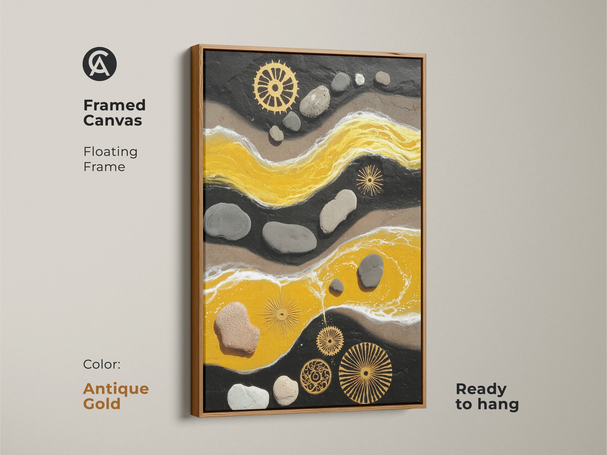 Antique gold framed canvas of a yellow and black abstract. The textured canvas art is ready to hang. It features pebble and gear details. This mixed media art enhances modern spaces.