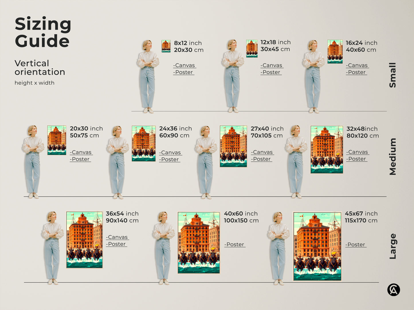 Sizing guide for retro futurism art prints of bull riders and an orange building. See how different sizes of canvas and posters fit in your space. Available in small medium and large options.