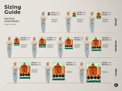 Sizing guide for retro futurism art prints of bull riders and an orange building. See how different sizes of canvas and posters fit in your space. Available in small medium and large options.