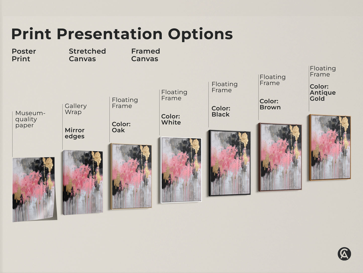 Explore print presentation options for modern abstract canvas art. Choose from poster prints stretched canvas and framed canvas. Options include floating frames in black brown antique gold oak and white. Museum-quality paper and gallery-wrapped mirror edges ensure a premium look. Find the perfect style for your pink black and gold leaf artwork.
