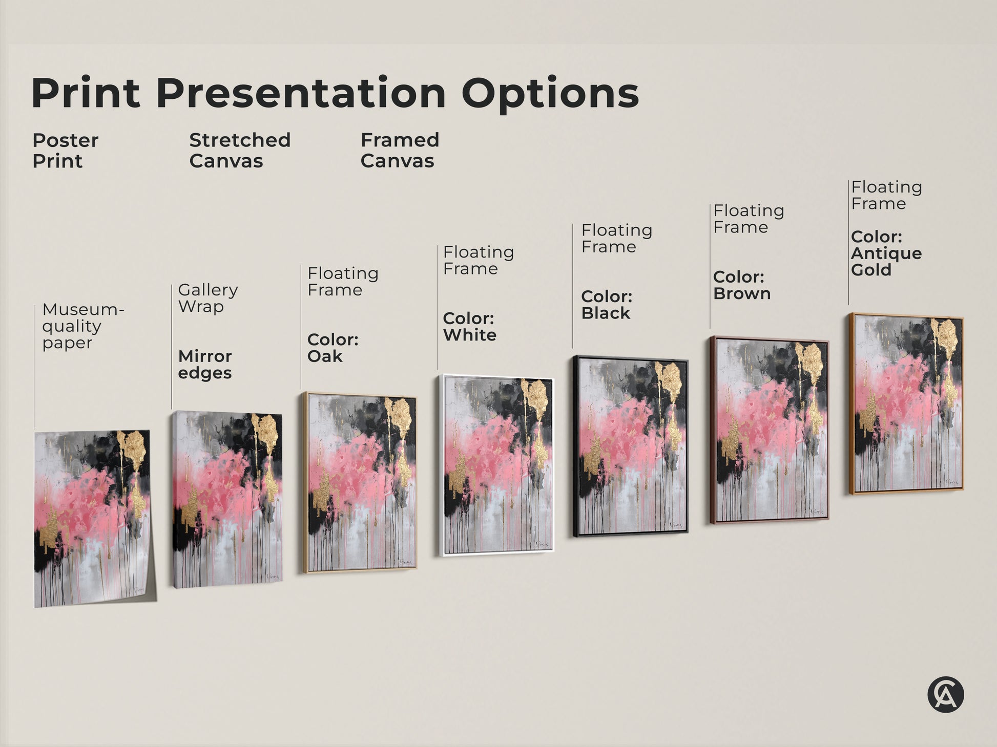 Explore print presentation options for modern abstract canvas art. Choose from poster prints stretched canvas and framed canvas. Options include floating frames in black brown antique gold oak and white. Museum-quality paper and gallery-wrapped mirror edges ensure a premium look. Find the perfect style for your pink black and gold leaf artwork.
