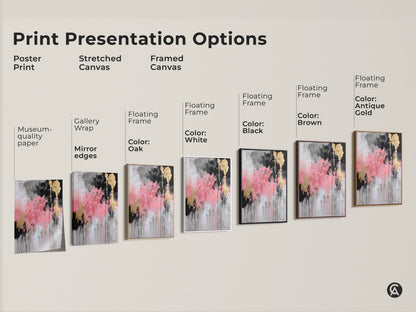 Explore print presentation options for modern abstract canvas art. Choose from poster prints stretched canvas and framed canvas. Options include floating frames in black brown antique gold oak and white. Museum-quality paper and gallery-wrapped mirror edges ensure a premium look. Find the perfect style for your pink black and gold leaf artwork.