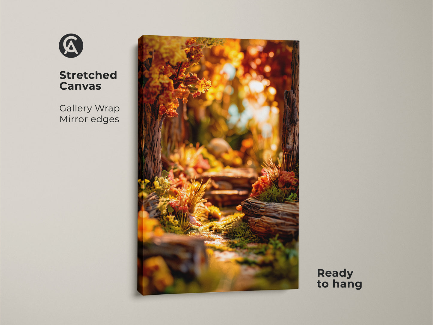 Stretched canvas art featuring a sunlit forest path. Gallery wrapped canvas with mirrored edges. This nature-themed artwork is ready to hang. The canvas adds natural beauty to your home decor.
