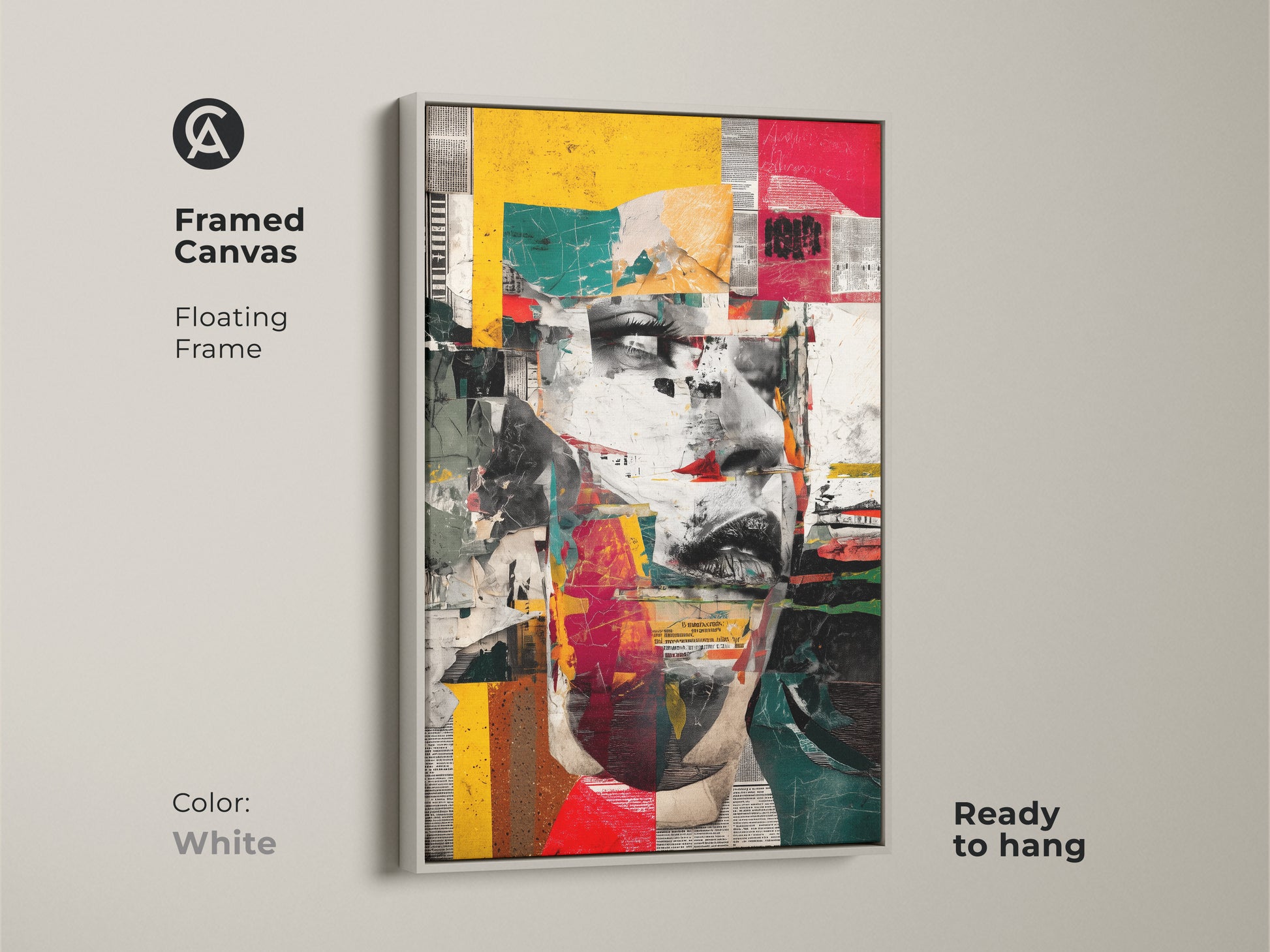 A framed canvas with a white floating frame shows an abstract woman's face. The art features red yellow teal geometric shapes. It's an eclectic collage wall decor urban portrait artwork ready to hang.