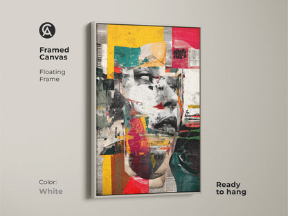 A framed canvas with a white floating frame shows an abstract woman's face. The art features red yellow teal geometric shapes. It's an eclectic collage wall decor urban portrait artwork ready to hang.