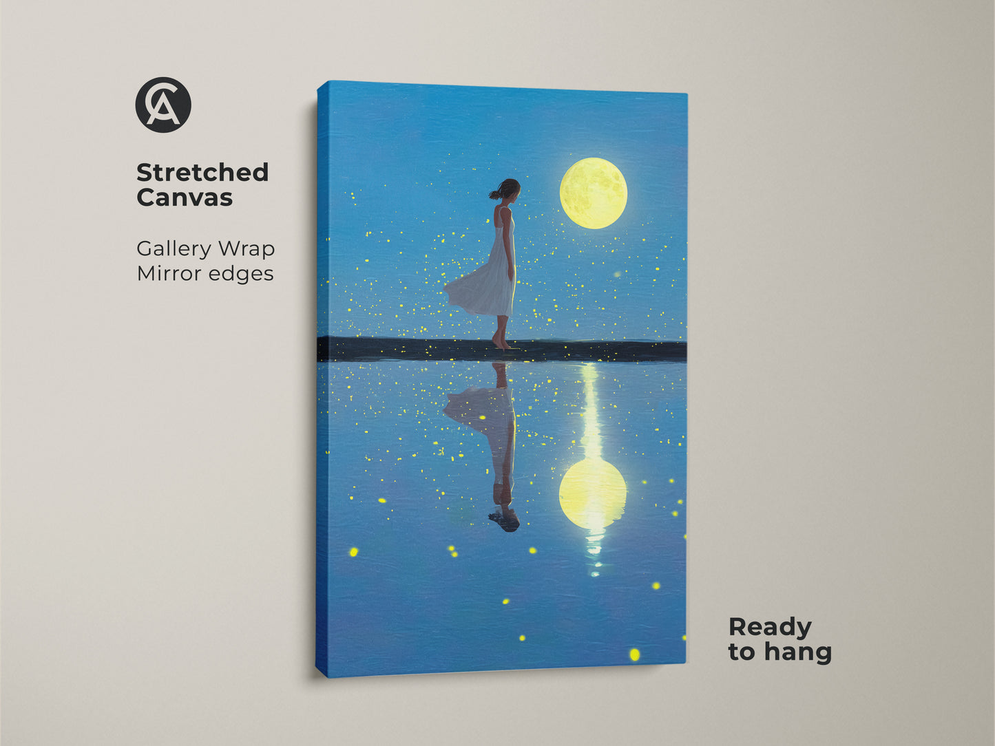 A stretched canvas print shows a dreamy artwork. A woman gazes at a large moon reflecting in the water. This gallery wrapped canvas has mirror edges. It's ready to hang adding ethereal beauty. This is ideal boho wall decor.