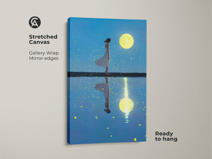 A stretched canvas print shows a dreamy artwork. A woman gazes at a large moon reflecting in the water. This gallery wrapped canvas has mirror edges. It's ready to hang adding ethereal beauty. This is ideal boho wall decor.