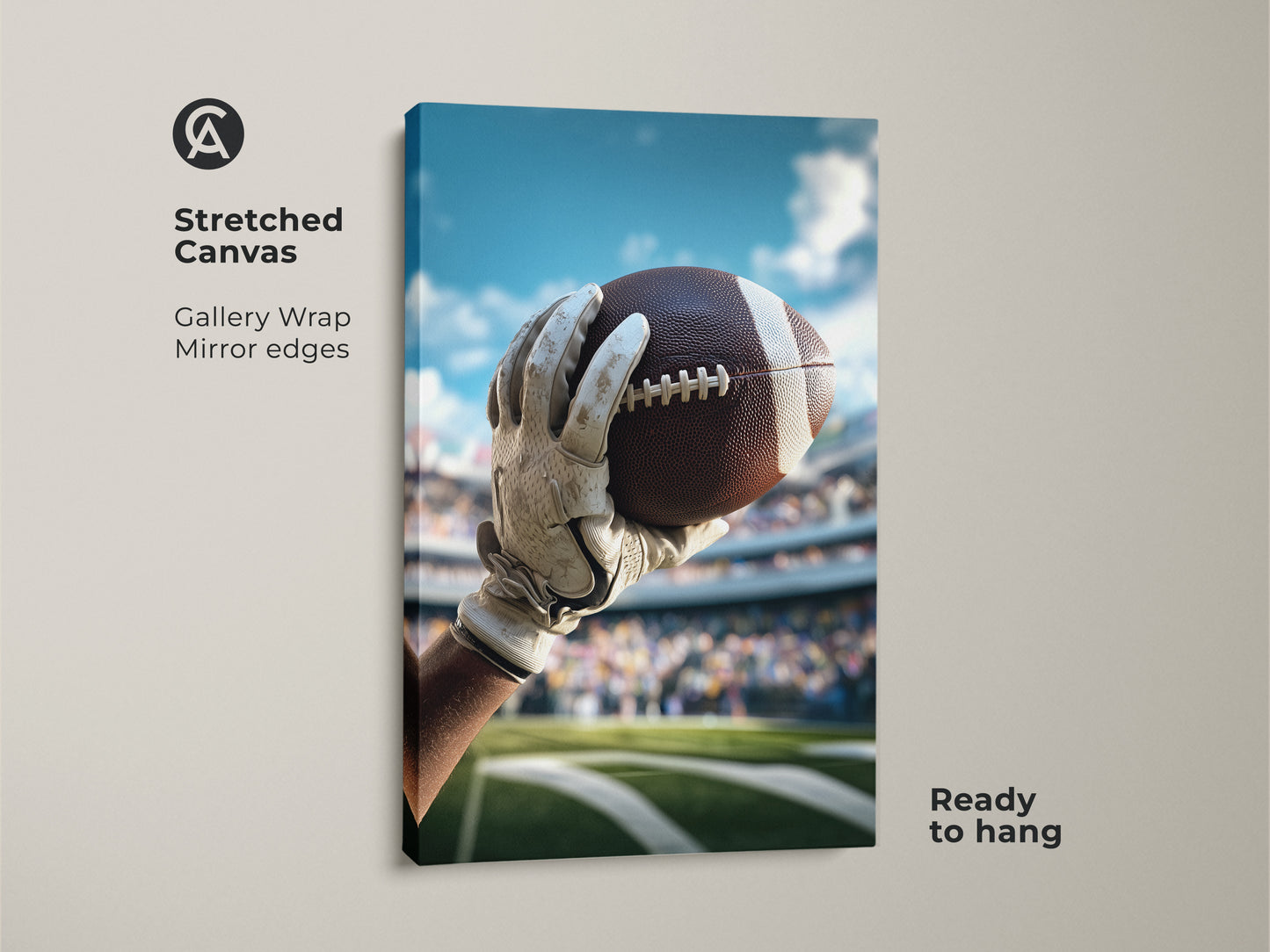 Stretched canvas gallery wrap of a realistic American Football artwork. The mirror edges enhance this sports art. Ready to hang in your man cave or office wall.