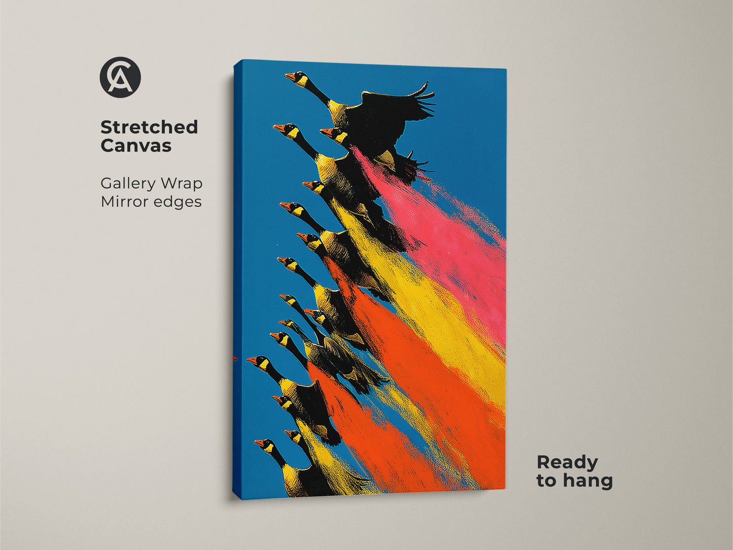 Geese in Flight Canvas Art is ready to hang. This nature animals wall decor features a gallery wrap with mirrored edges. The eclectic feather artwork has bright blue skies with pink yellow orange accents. Perfect as a retro animal wall art gift.
