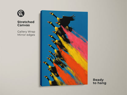 Geese in Flight Canvas Art is ready to hang. This nature animals wall decor features a gallery wrap with mirrored edges. The eclectic feather artwork has bright blue skies with pink yellow orange accents. Perfect as a retro animal wall art gift.