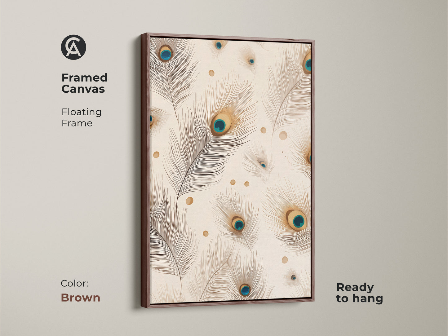 Framed canvas art. Features a brown floating frame. Showcases minimalist peacock feather artwork. It's a beige teal and gold nature print. Ready to hang in your living space.