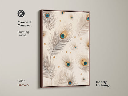 Framed canvas art. Features a brown floating frame. Showcases minimalist peacock feather artwork. It's a beige teal and gold nature print. Ready to hang in your living space.
