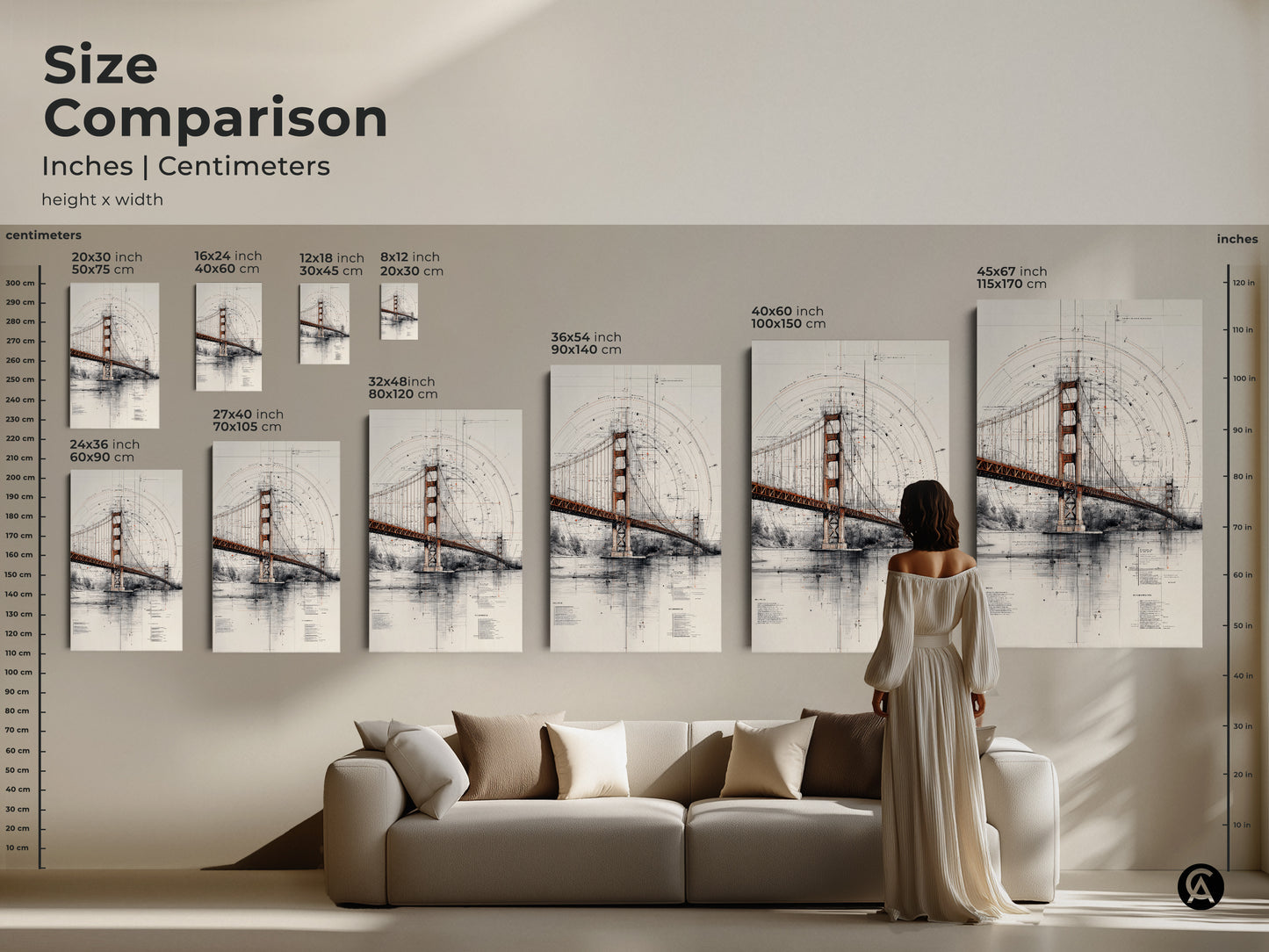 Size comparison of Golden Gate Bridge blueprint wall art. See the different sizes from 20x30 cm to 45x67 inch. This architectural technical drawing wall art is perfect for adding a touch of industrial style to your home. It is a great engineering gift.