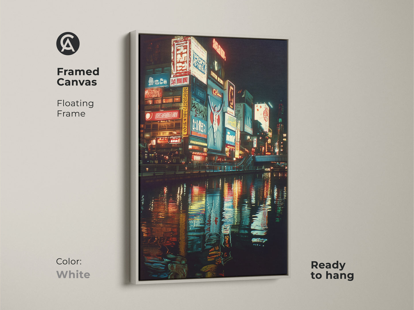Osaka neon art print in a white framed canvas. This cityscape wall hanging brings a fresh modern look to your home. The urban photography print captures the essence of Japan's nightlife. Ready to hang this contemporary artwork is a perfect gift. The floating frame completes the aesthetic.