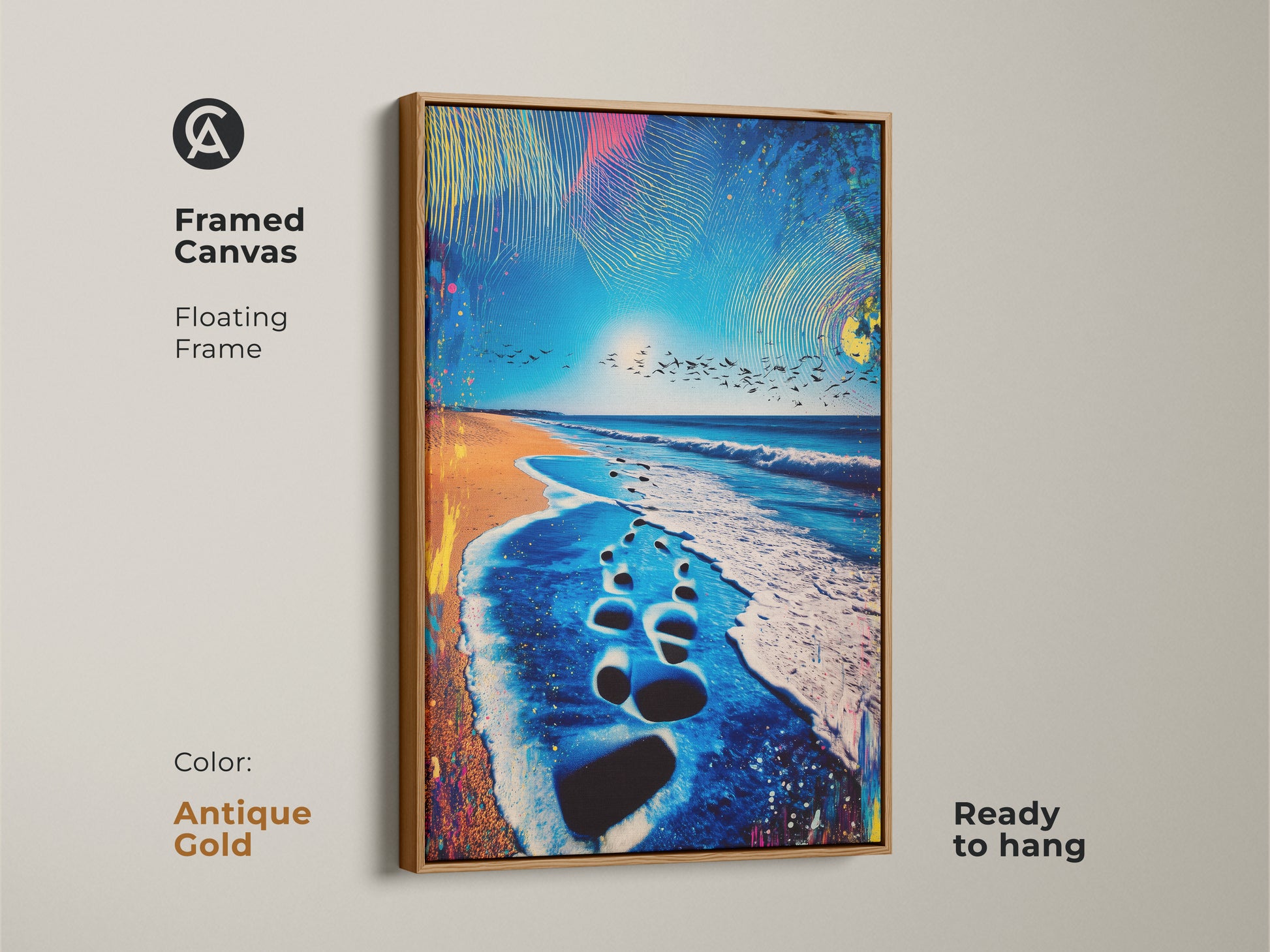 Antique gold framed canvas displays abstract beach artwork with ocean footprints art. The coastal wall art has a turquoise sky with birds against the horizon. This ready to hang piece adds an elegant touch to your home decor.