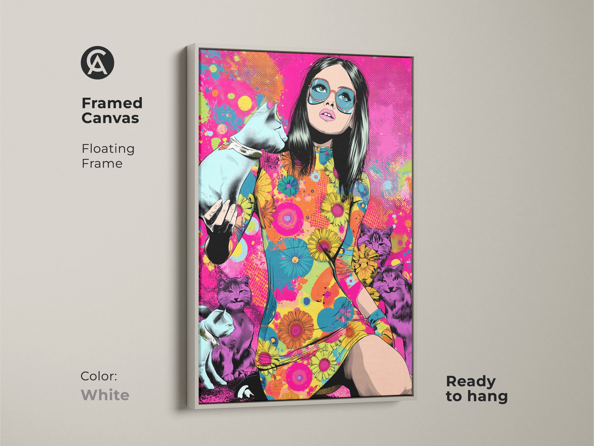 This framed canvas features a floating white frame enhancing the psychedelic pop art. The artwork displays a woman with cats in retro style. Ready to hang this piece adds vibrant color to any wall decor.