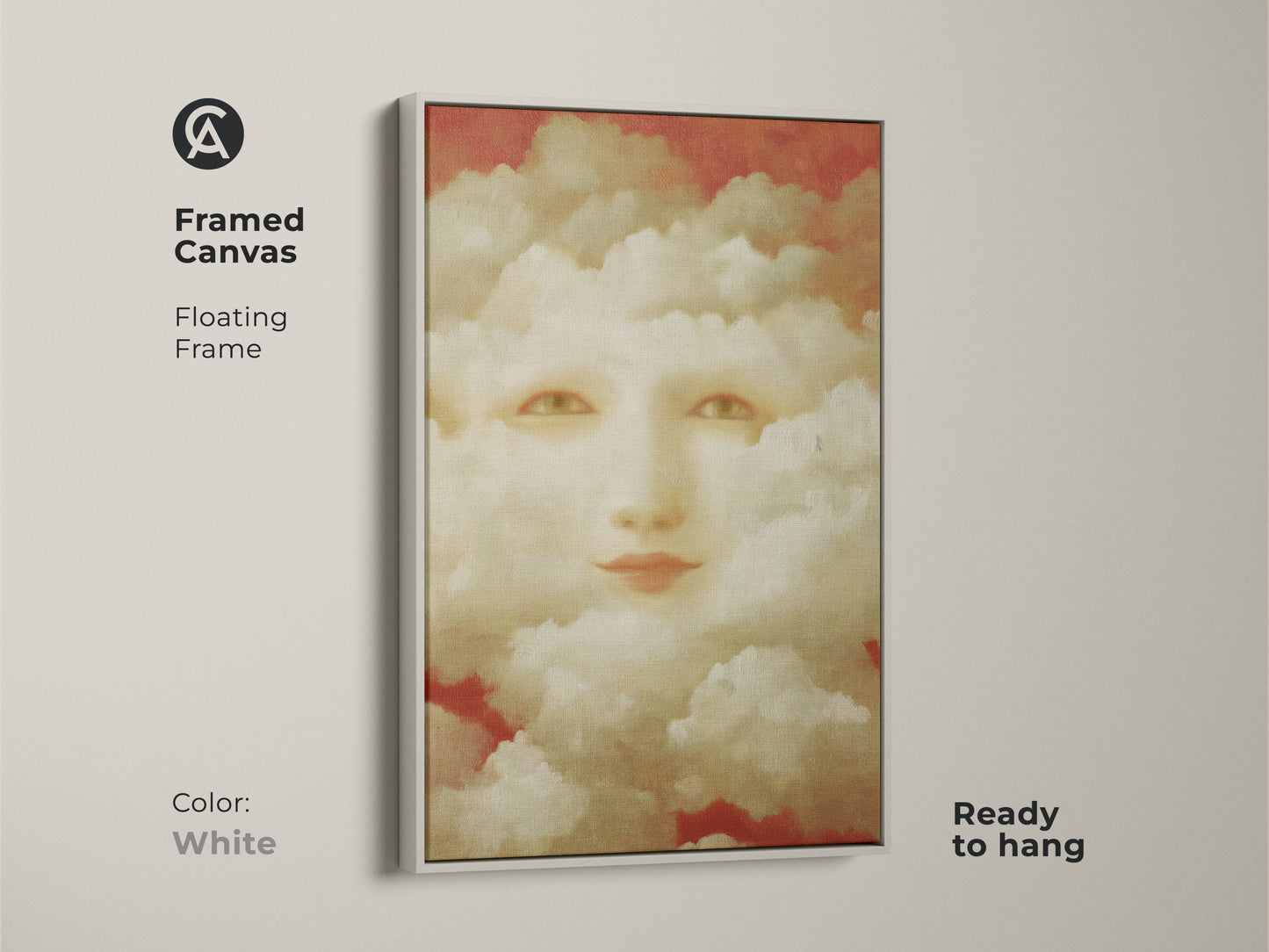 This piece is a surreal face in clouds canvas. It features terracotta gold cream artwork. This artwork is an eclectic bedroom art print. It makes a great gift for a surrealist artist.