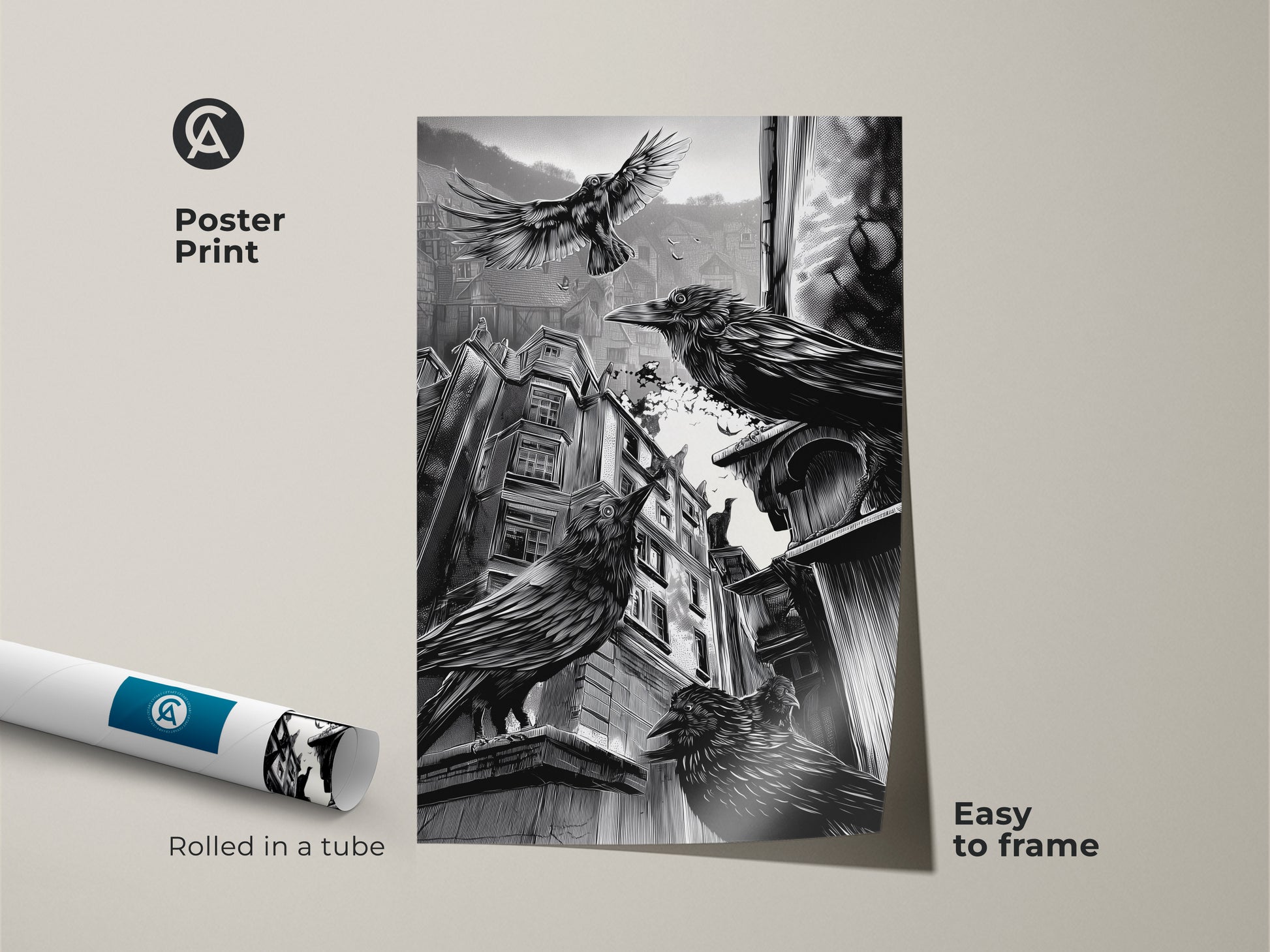 Rolled poster print of gothic crow art. This black and white urban cityscape adds a touch of dark academia to any room. Easy to frame. Perfect for gothic home decor or as a Halloween gift. Features a striking raven illustration.