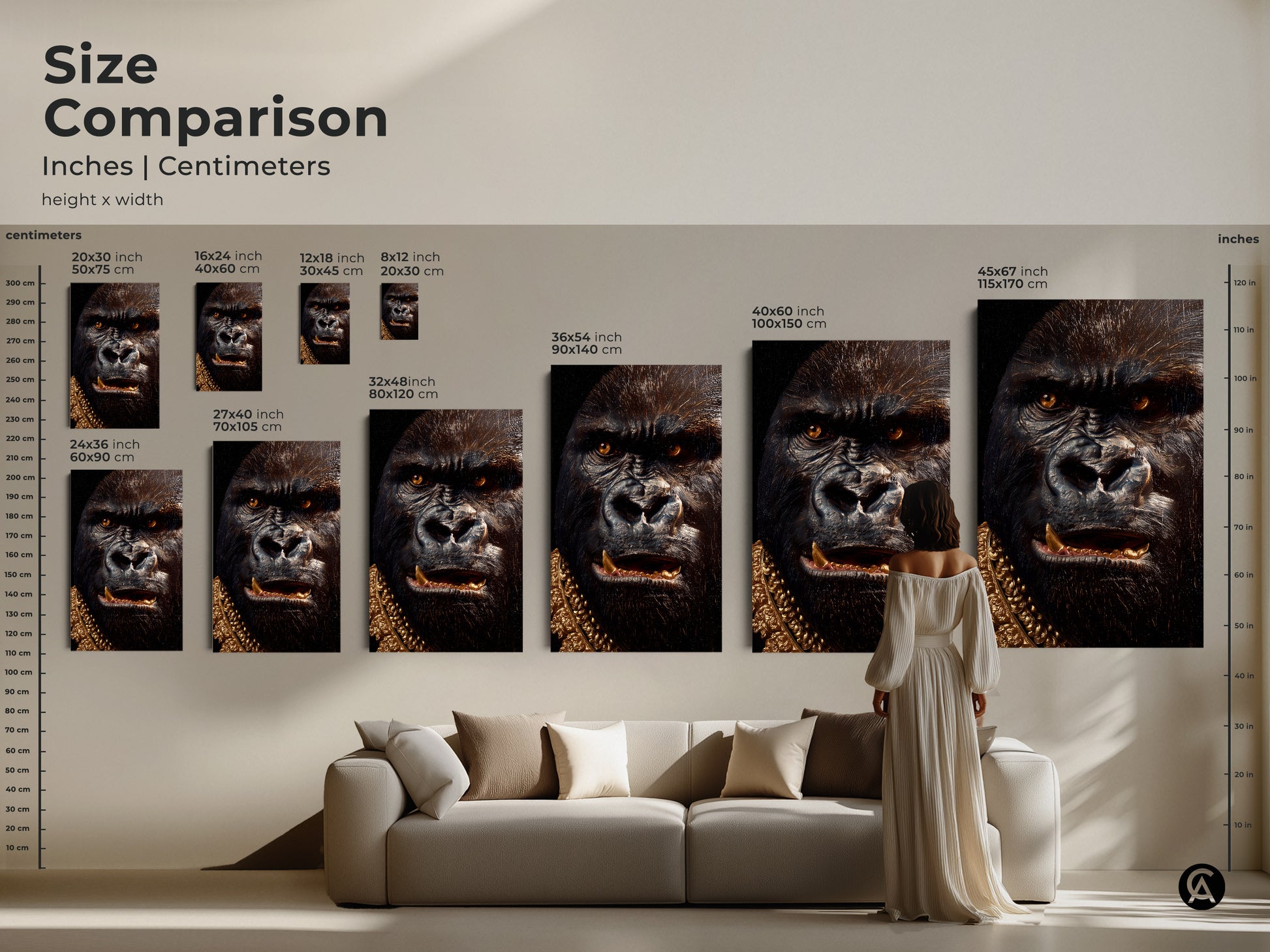Size comparison of gorilla art prints. See the different sizes available. From small to extra large find the best fit for your space. Shop canvas and poster prints today.