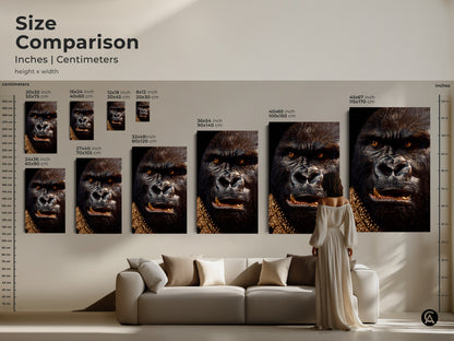 Size comparison of gorilla art prints. See the different sizes available. From small to extra large find the best fit for your space. Shop canvas and poster prints today.