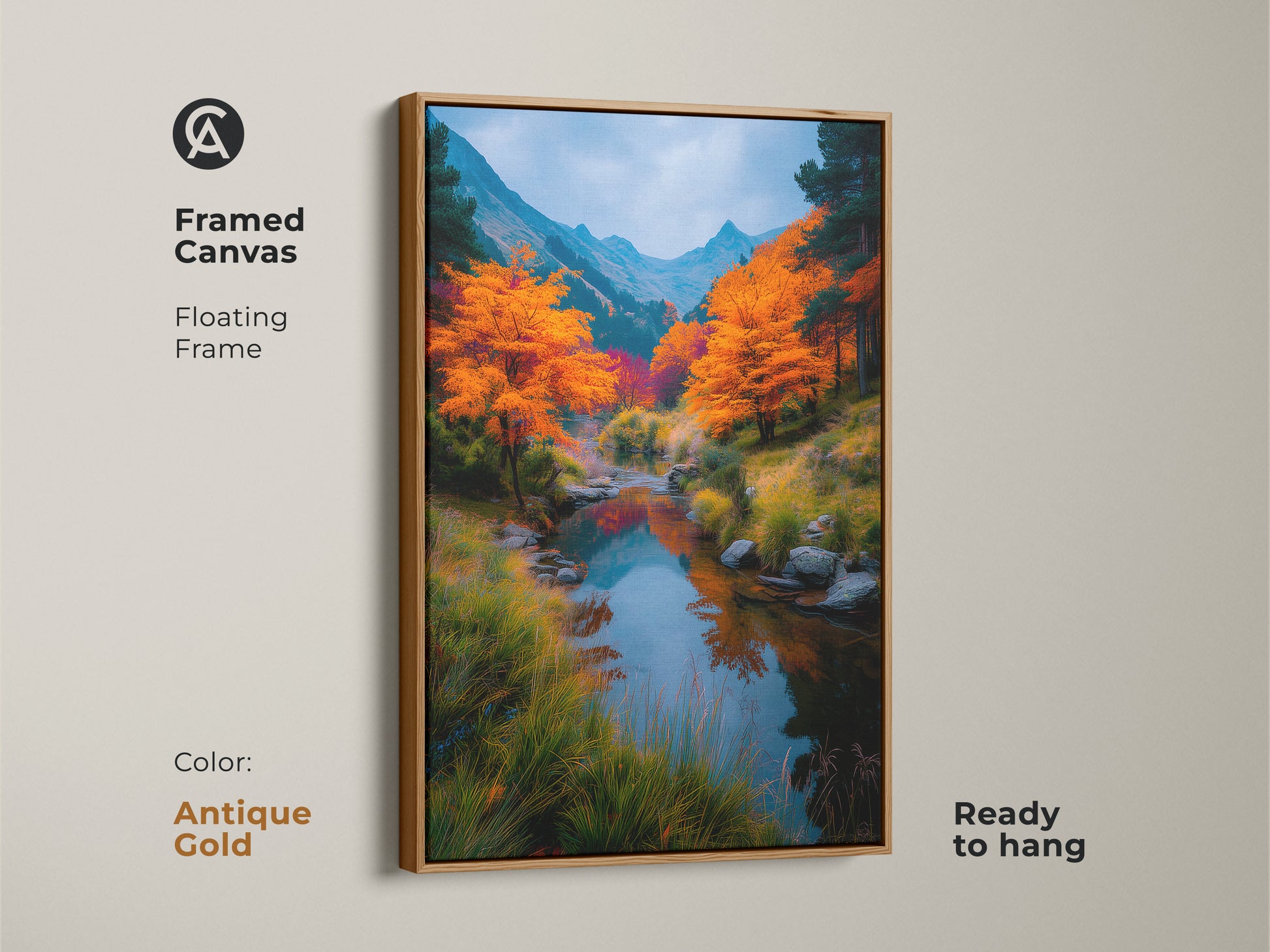Framed canvas artwork of an autumn river landscape with an antique gold floating frame. This ready-to-hang piece will bring the beauty of nature to your walls. Its elegant frame and vibrant colors enhance any interior space.