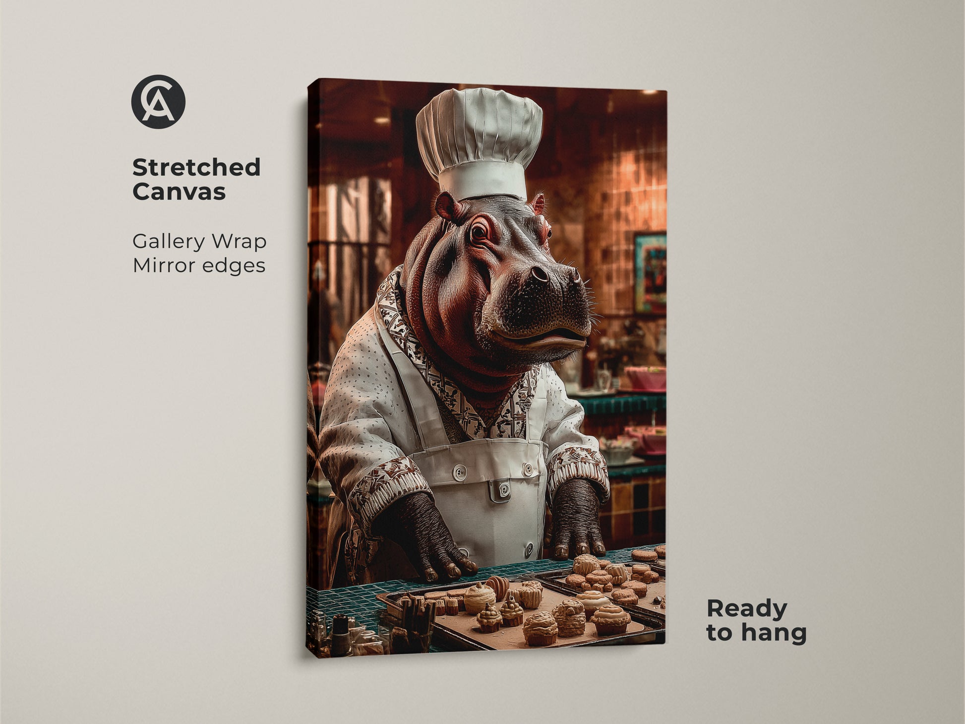 A stretched canvas showcases a hippo chef art print ready to hang. The gallery wrap features mirrored edges. This kitchen decor animal art brings an eclectic touch. The hippo chef poster is a unique animal painting perfect as a foodie present idea.