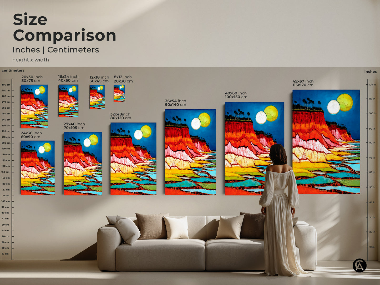 Compare sizes of abstract moon art. This size comparison features various dimensions. Crimson azure landscape art suits any room. Perfect as eclectic home decor for travelers. A thoughtful housewarming gift that offers vibrant color. Bring bold color and art to your space today.