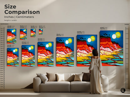 Compare sizes of abstract moon art. This size comparison features various dimensions. Crimson azure landscape art suits any room. Perfect as eclectic home decor for travelers. A thoughtful housewarming gift that offers vibrant color. Bring bold color and art to your space today.