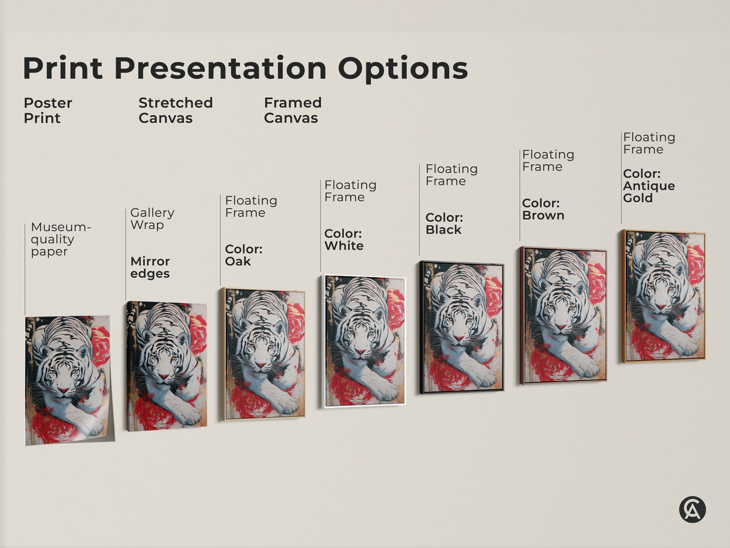 Print presentation options for expressive white tiger artwork. See the poster print stretched canvas and framed canvas. Different floating frame colors are available to match your decor.