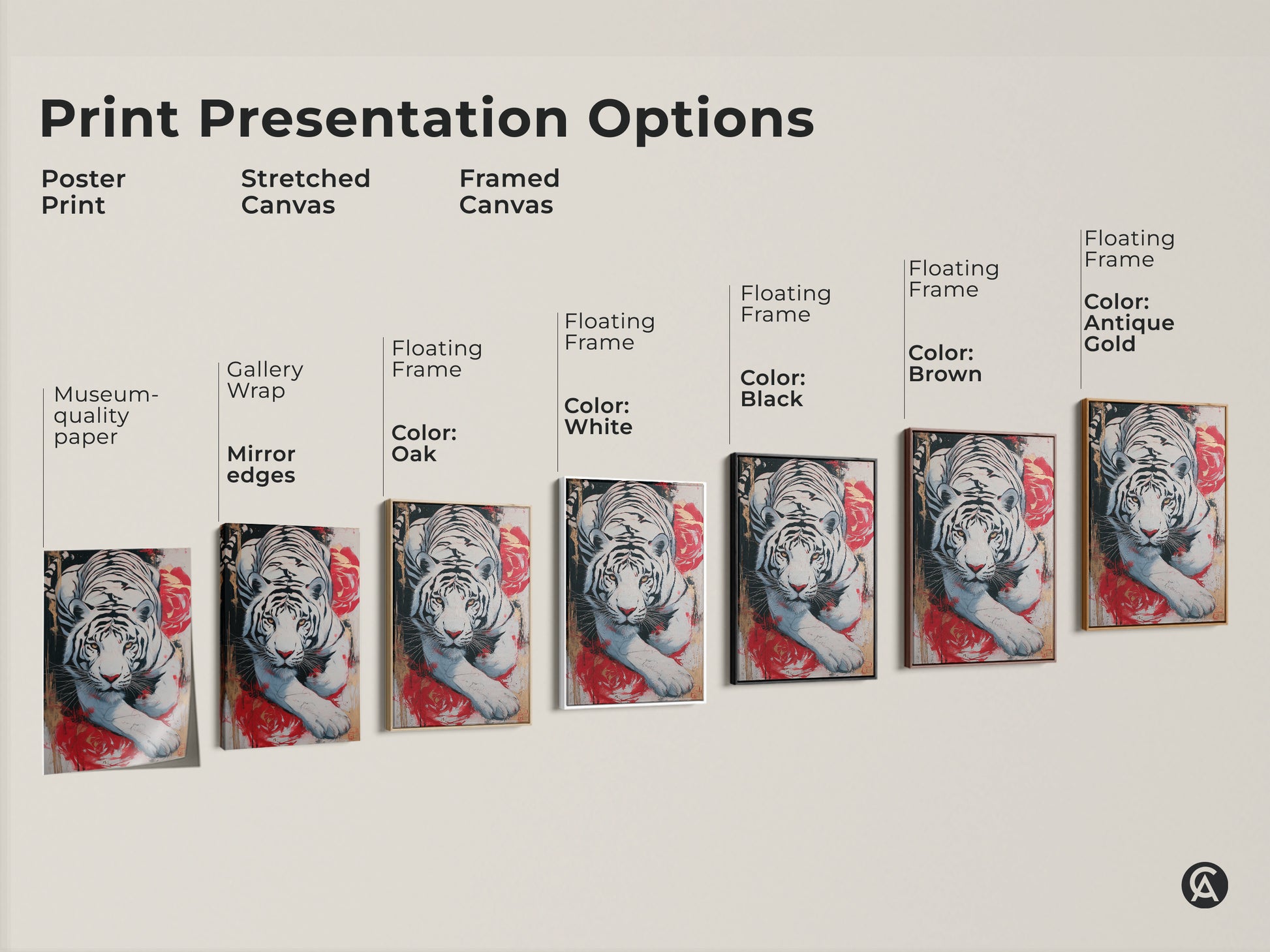 Print presentation options for expressive white tiger artwork. See the poster print stretched canvas and framed canvas. Different floating frame colors are available to match your decor.