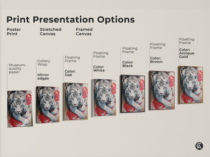 Print presentation options for expressive white tiger artwork. See the poster print stretched canvas and framed canvas. Different floating frame colors are available to match your decor.