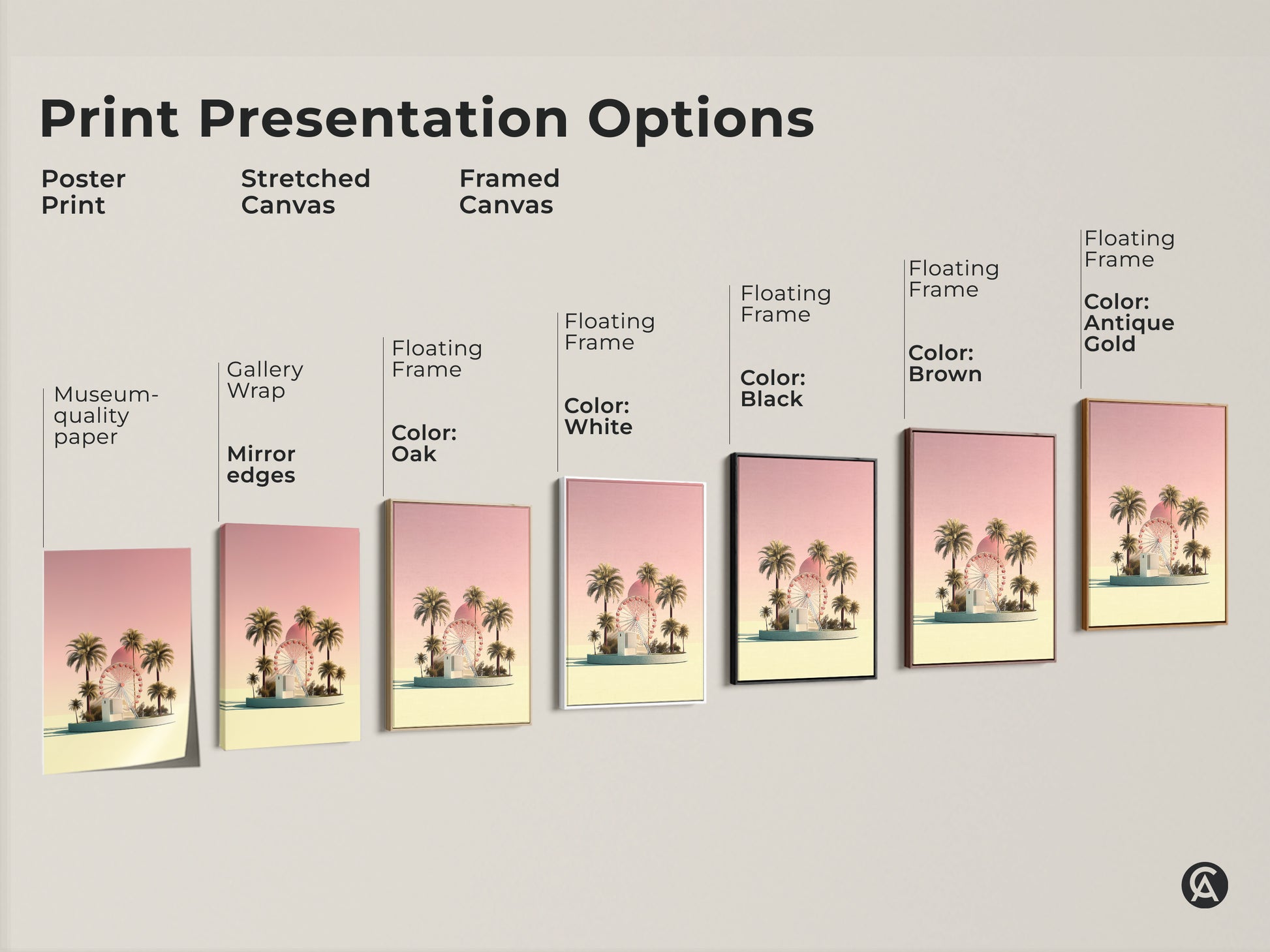 Print presentation options including poster prints stretched canvas and framed canvas. The retro futurism artwork features a Ferris wheel and palm trees in pastel yellow. Display options include gallery wrap mirror edges and floating frames in colors like oak white black brown and antique gold.