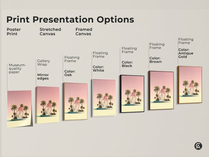 Print presentation options including poster prints stretched canvas and framed canvas. The retro futurism artwork features a Ferris wheel and palm trees in pastel yellow. Display options include gallery wrap mirror edges and floating frames in colors like oak white black brown and antique gold.