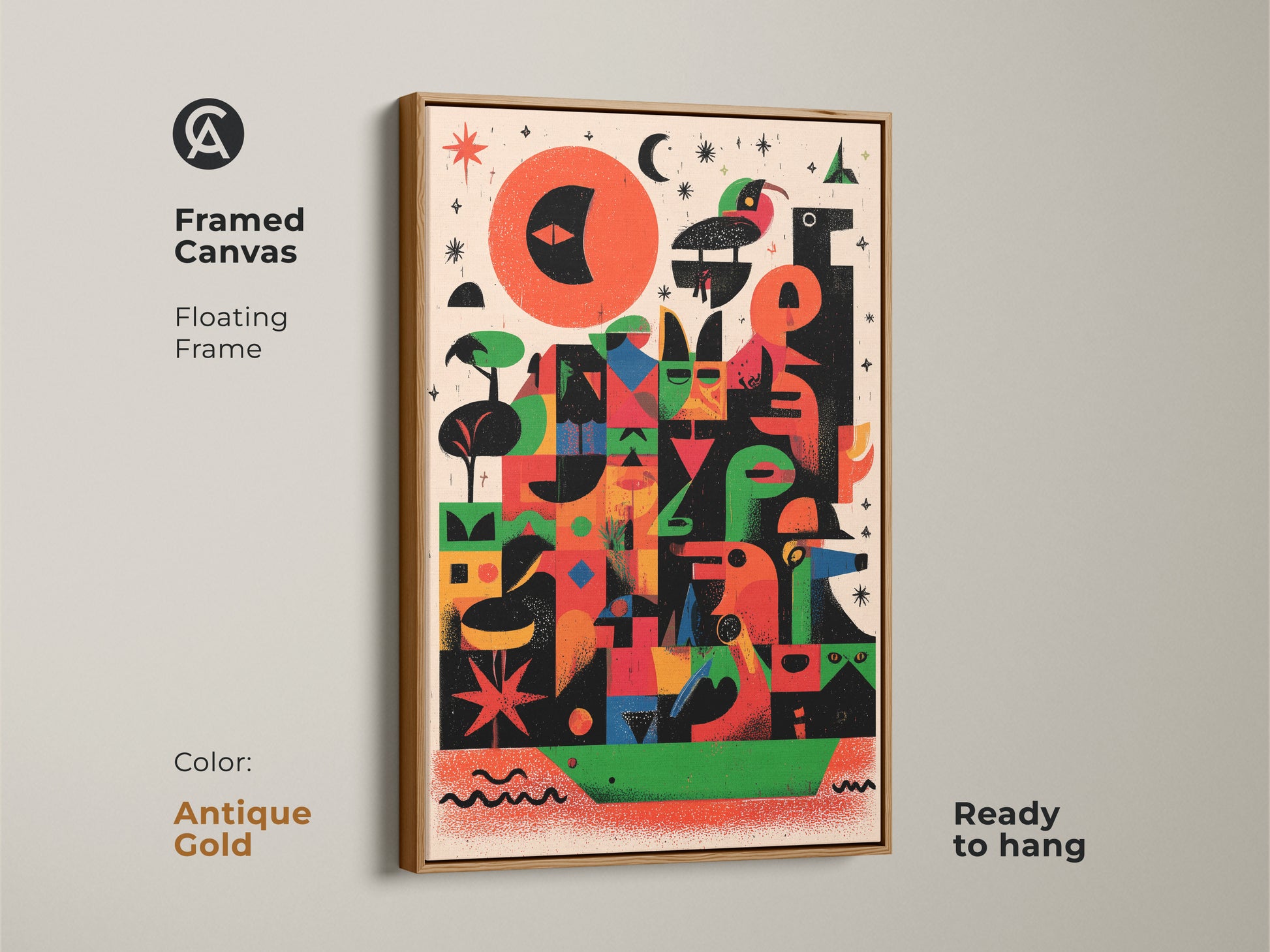 Framed canvas showcasing colorful abstract geometric bird artwork in an antique gold floating frame. This mid-century modern folk art print adds an eclectic touch with red orange and green hues. Ready to hang this figurative animal artwork brings a unique artistic flair. Ideal for a housewarming gift.