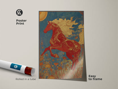 Poster print of a red horse artwork with art nouveau elements. This equestrian style art is easy to frame. Rolled in a tube for protection. The teal blue sky and sun motif adds charm to this animal print for wall.